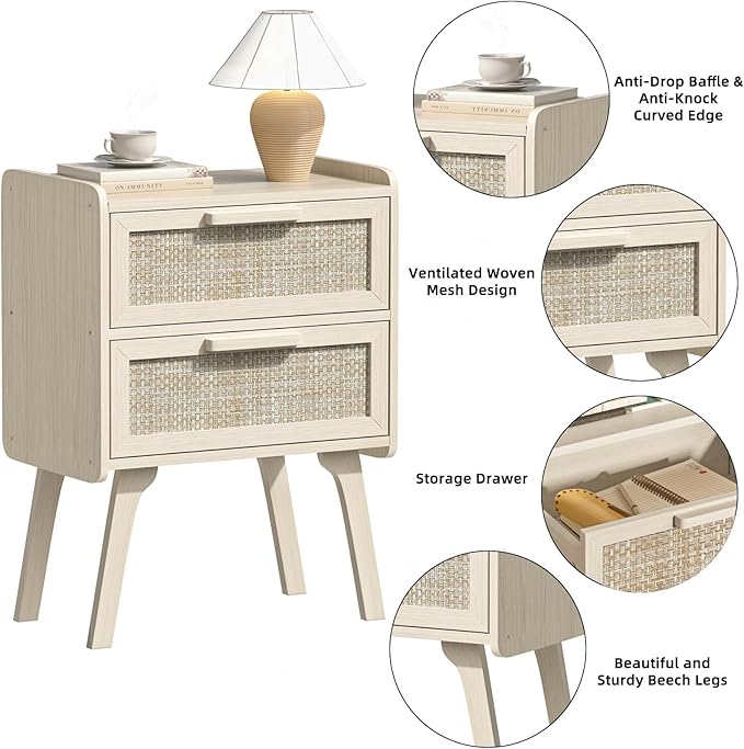 Lerliuo Rattan Nightstand, Boho Night Stand with 2 Drawers, Cane Accent Side End Table, Bedside Table with Solid Wood Legs for Bedroom, Dorm and Small Spaces (White)