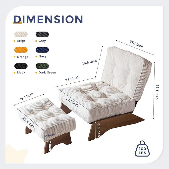 MAXYOYO Accent Chair with Ottoman Adjustable Backrest, Tufted Living Room Chair Upholstered Lounge Chair with Footrest Set, Modern Chair Cozy Reclining Chair for Reading Room, Beige