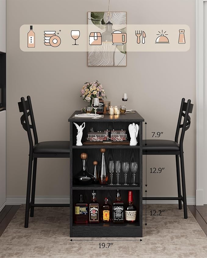 GAOMON 3 Piece Bar Table Set for 2, Bar Table and Chairs Set with with Flip Top Extension, Dining Table Set with Storage Shelves, Suitable for Small Space Kitchen Apartment, Black