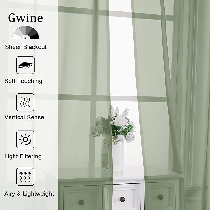 Gwine Sheer Sage Green Curtains 96 Inches Long 2 Panels Set, Light Filtering - Image 2