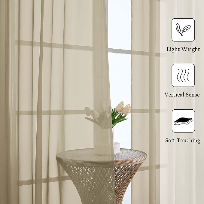 Lecloud Taupe Sheer Curtains 96 Inches Long 2 Panels Set, Home Decor Light - Image 2