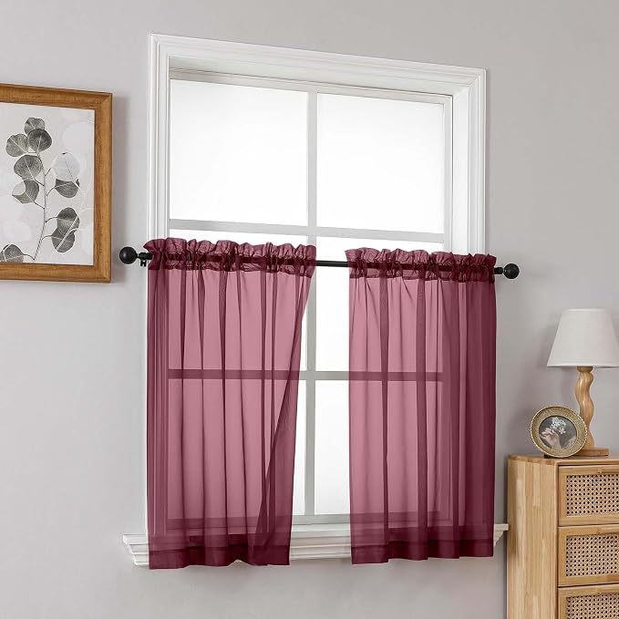 Burgundy Sheer Curtains Tier 30 Inches Length 2 Panels Set, Light Filtering - Image 8