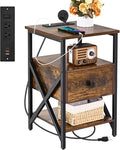 End Table with Charging Station, Charging Side Table Bedside Table with Outlets, Charger Nightstand, End Tables for Living Room, Night Stand with Storage for Bedroom, Brown