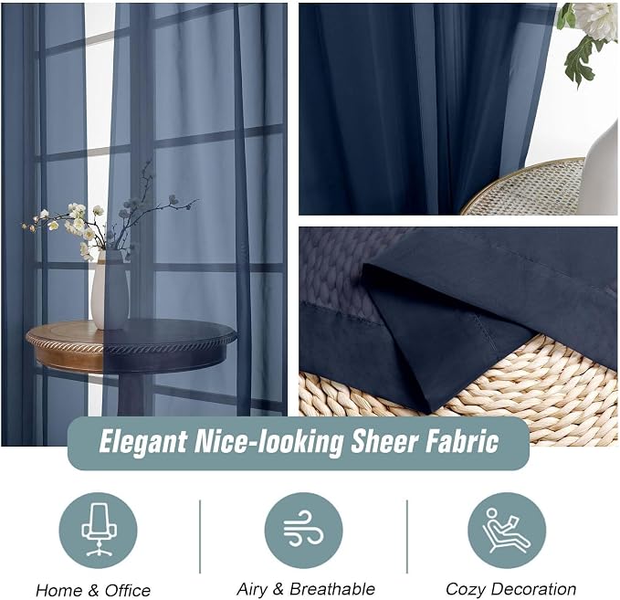 Navy Blue Sheer Curtains 84 Inches Long 2 Panels, Elegant Airy Transparent - Image 4