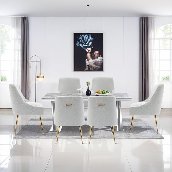 Dining Chairs Medieval Modern Restaurant Chairs, Soft Cushions, Teddy Velvet, Polished Gold Metal Legs, Kitchen Chairs, Living Room White 4-Piece Set