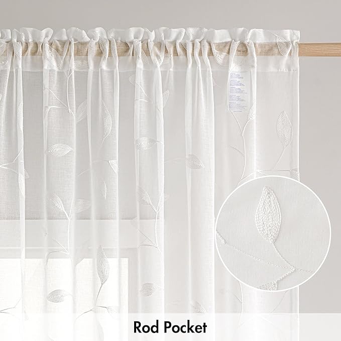 MIULEE White Sheer Curtains 2 Panels Embroidered Leaf Patterned Rod Pocket - Image 6