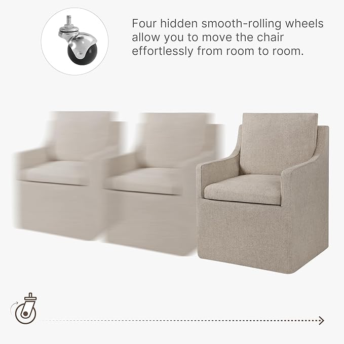 Upholstered Dining Chairs with Casters Easy Assembly Side Deskchair with Rollers for Diningroom, Living Room, Khaki, 4 Box