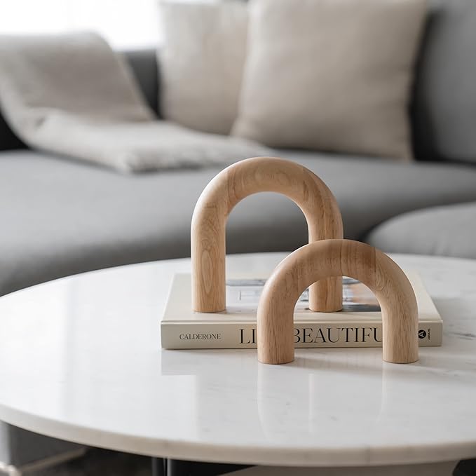 Wood Arch Decorative Objects - Modern Bookshelf Decor, Coffee Table Sculpture, Floating Shelf Decor Accents, Japandi Home Decorations for Side, Console and Entryway Table