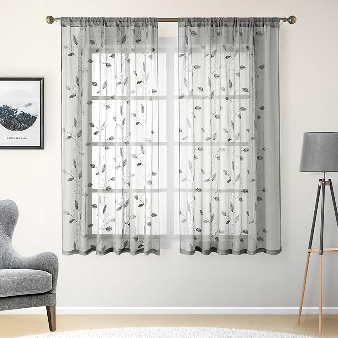 HOMEIDEAS Grey/Gray Sheer Kitchen Curtains 52 x 54 Inch Length 2 Panels by HOMEIDEAS