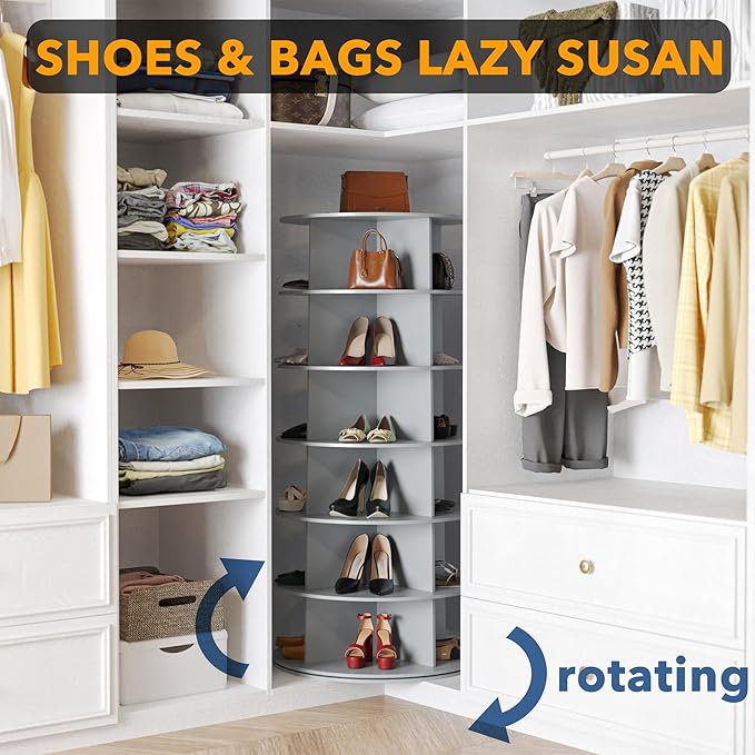 SpaceAid 6 Tier Rotating Shoe Rack Tower, Spinning Shoe Display Lazy Susan, Revolving 360 Shoe Rack Storage Round Carousel, Vertical Handbag Rotate Shoes Closet Organization (6-Tier Gray)