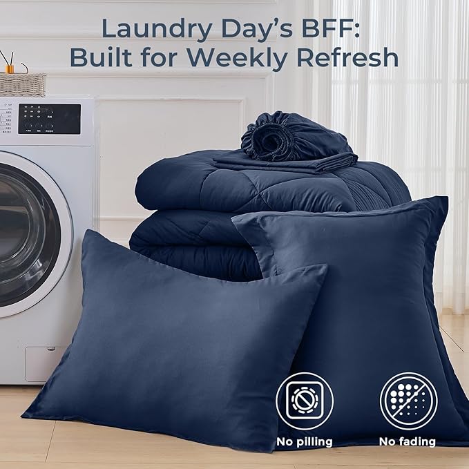 HEVUMYI Navy Blue Twin Comforter Set - 5-Piece All Season Bed in a Bag Twin, Ultra Soft Bedding Set with Comforter, Flat Sheet, Fitted Sheet, Pillowcases, Pillow Shams, Navy Blue
