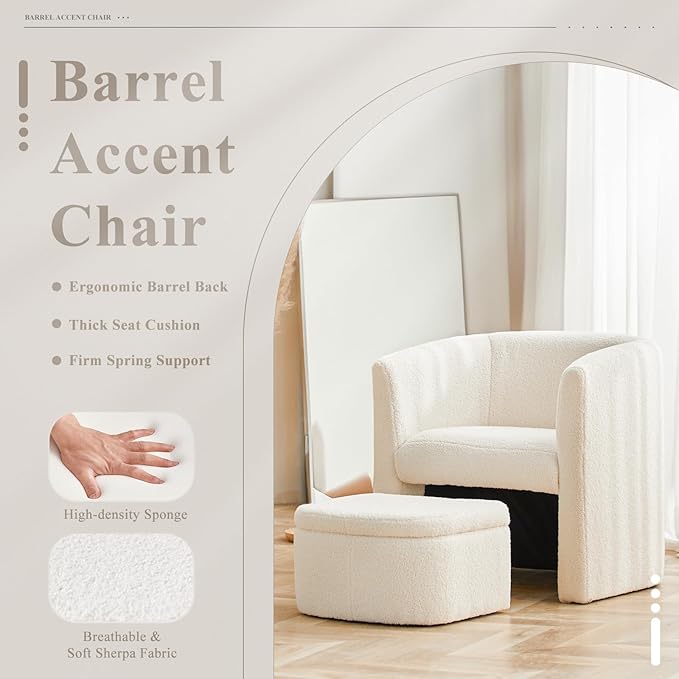 COLAMY Upholstered Sherpa Barrel Accent Chair with Storage Ottoman, Morden Living Room Side Chair, Single Sofa Armchair with Lounge Seat for Bedroom/Office/Reading Spaces, Cream