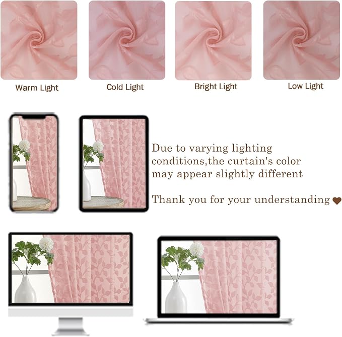 Chyhomenyc Blush Pink Sheer Curtains 96 Inch Length 2 Panels Set, Light - Image 3