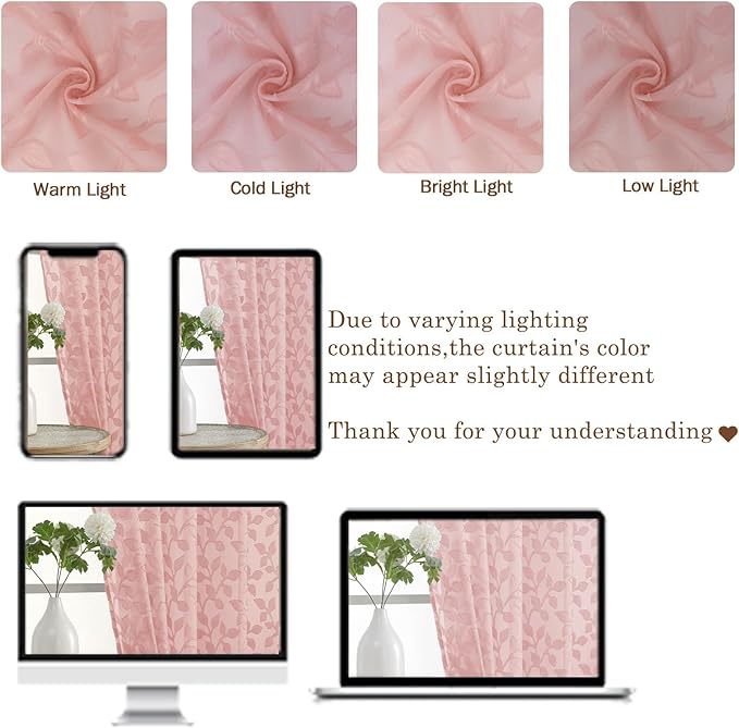 Chyhomenyc Blush Pink Sheer Curtains 36 Inch Length, Light Filtering Leaf - Image 6