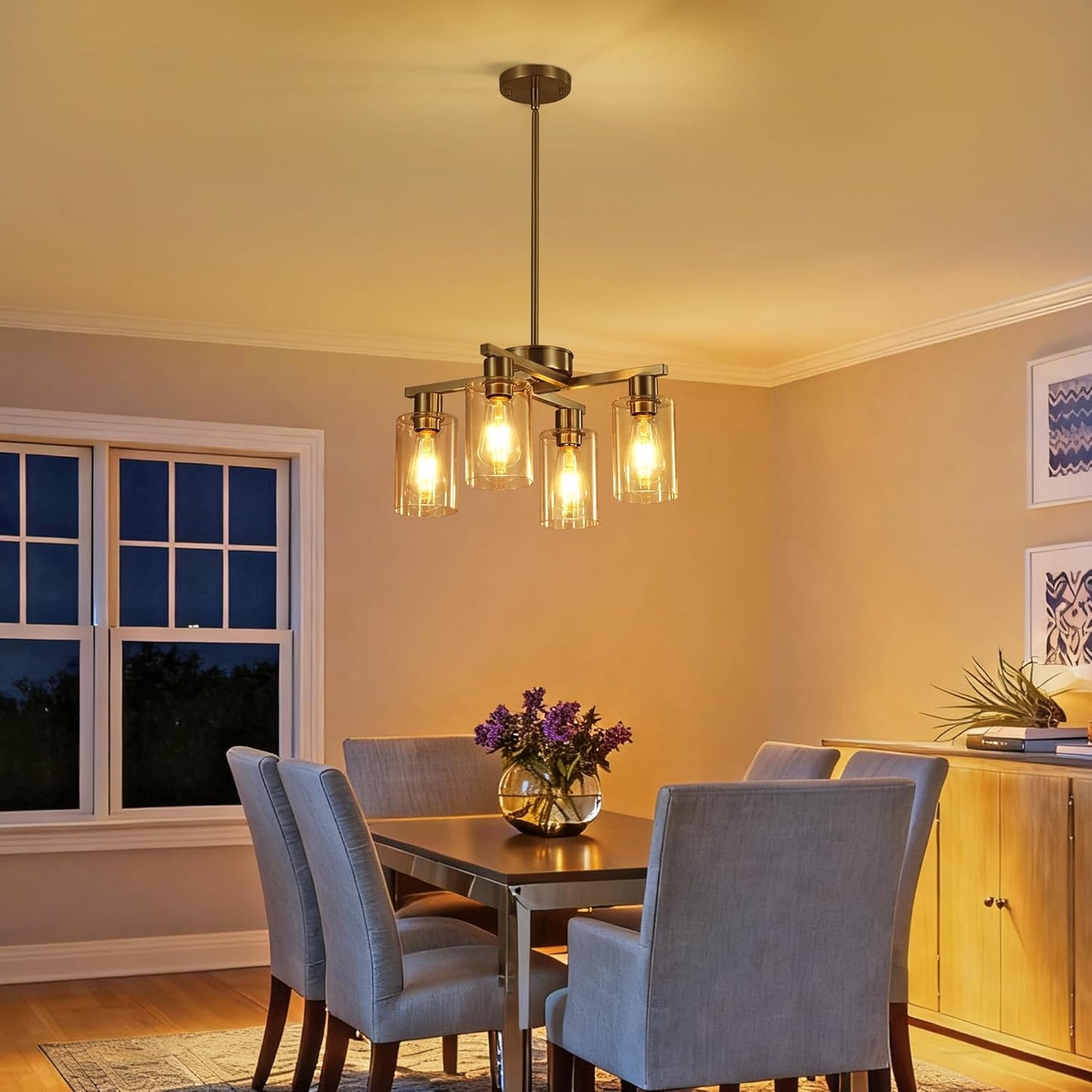 4-Light Modern Farmhouse Brushed Nickel Chandelier, Dining Room Light Fixture Over Table Adjustable Height Hanging Industrial Pendant Lights Kitchen Island, Clear Glass Shade