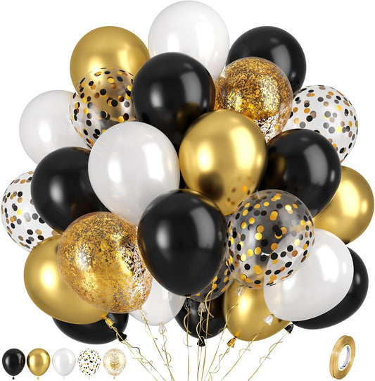 Black and Gold Balloons, Black White and Gold Balloon, Pearl White Black Gold Balloons, Black Gold Confetti Balloons for New Year's Eve Graduation Party Birthday Baby Shower Wedding Decorations
