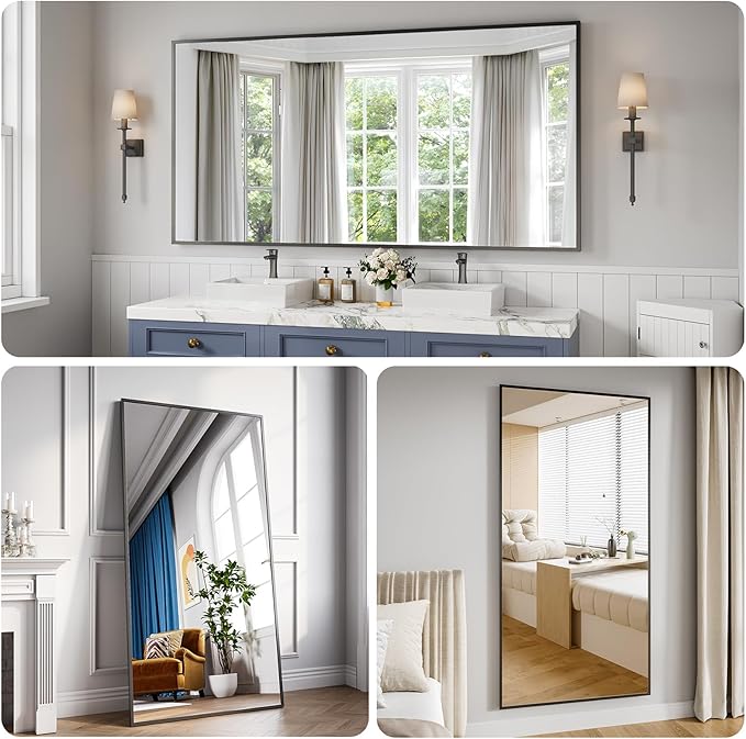 Bathroom Mirror 36x71 Black Bathroom Wall-Mounted Mirrors, Modern Vanity Mirror for Bedroom, Living Room, Aluminum Alloy Frame Allow to Hang Horizontally or Vertically