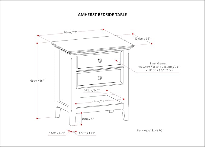SIMPLIHOME Amherst SOLID WOOD 24 inch Wide Transitional Bedside Nightstand Table in Rustic Natural Aged Brown, for the Living Room and Bedroom