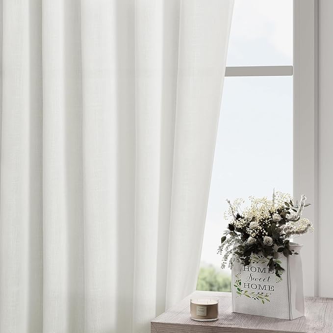 Off White Linen Curtains 108 Inches Long 2 Panels Set Back Tab Rod Pocket Semi - Image 2