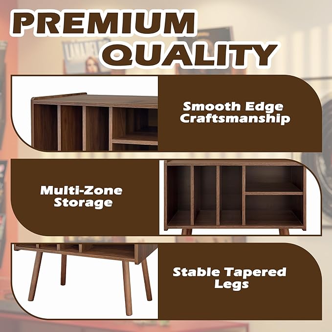 Record Player Stand with Vinyl Storage, Wooden Record Player Table with 5 Cabinet, Large Vinyl Record Player Stand, Record Player Holder, Record Player Shelf for Office Living Room, Walnut