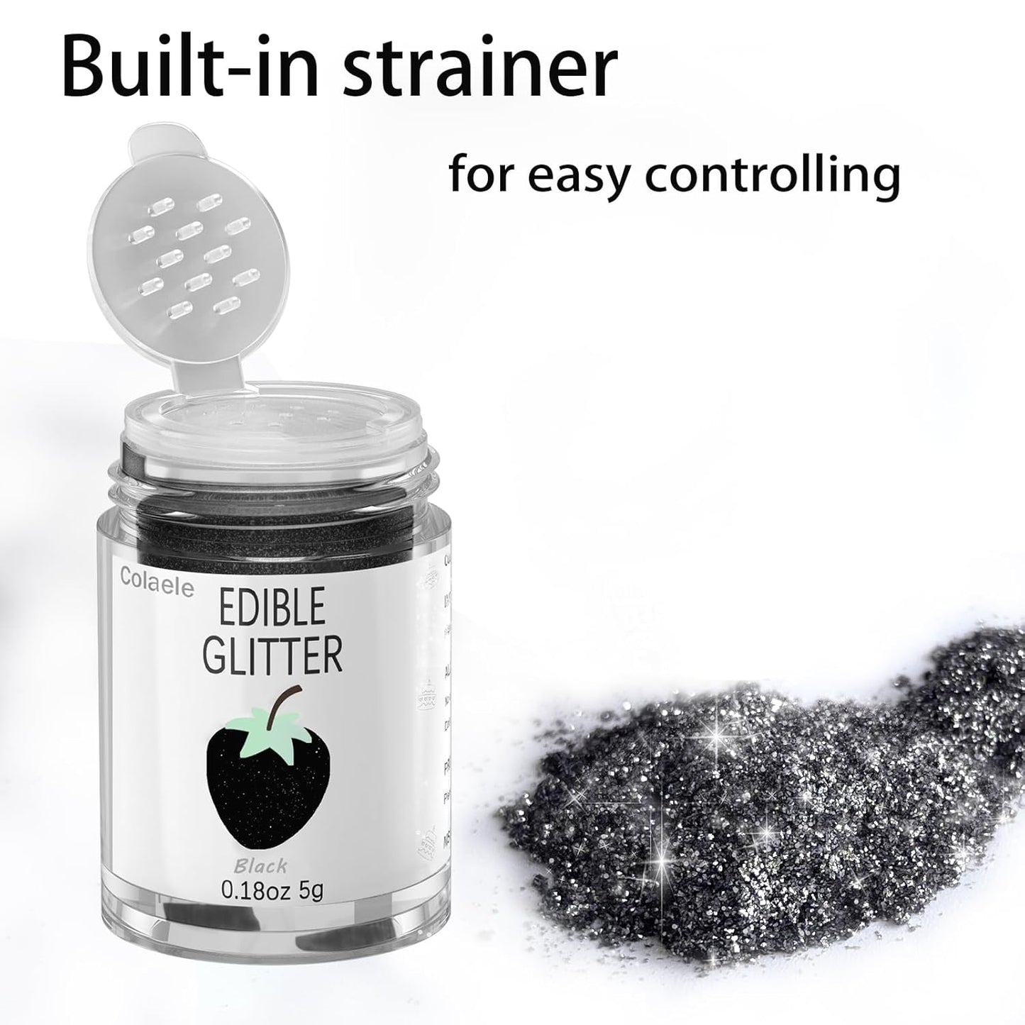 Black Edible Glimmer Powder Glitter - Colaele 5 grams Food-Grade Luster Dust Metallic Fancy Food Decorating Sprinkle Glimmery Brew Dust for Cake Decorations Drinks Wine Beverage Candy Dessert, Vegan