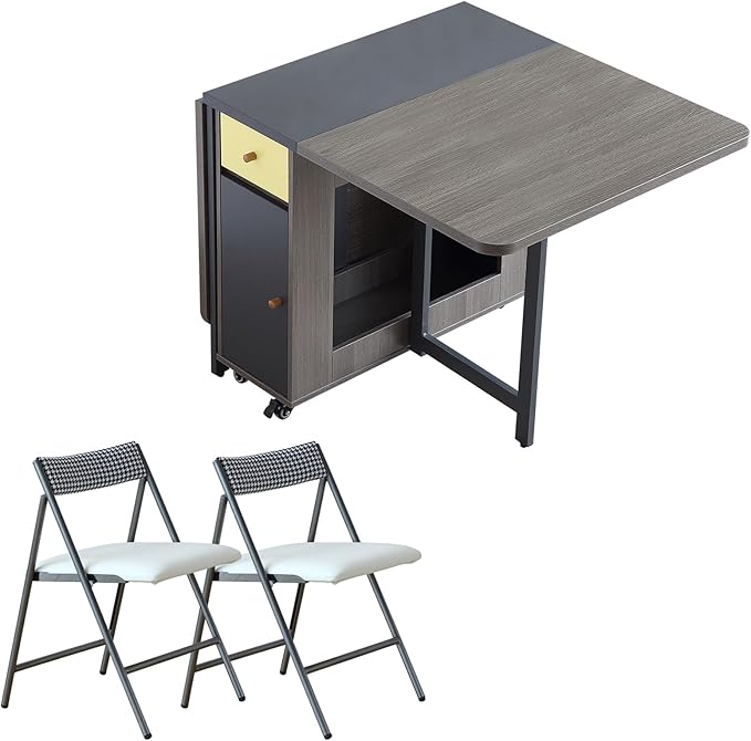 Folding Dining Table Set for 4, Foldable Kitchen Dinner Table and 2 Chairs Set, Extendable Space Saving Drop Leaf Table with Wheels and Storage