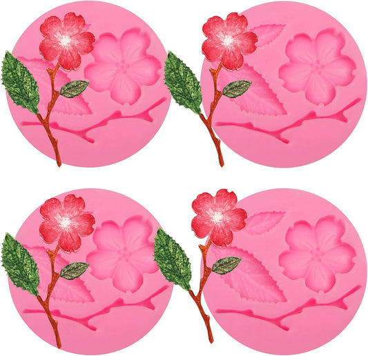 Peach Blossom Shape Molds 4 Pcs, Plant Flowers Leaf Fondant Silicone Molds for Cake Decoration Candy Sugar Cupcake Topper Cake Pop Popsicle Polymer Clay Crafts