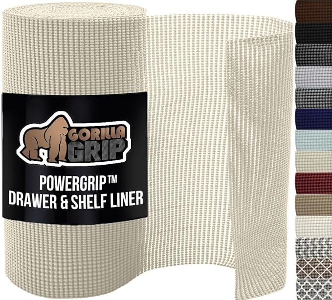 GORILLA GRIP powerGRIP Drawer Shelf and Cabinet Liner, Thick Strong Hold, Non-Adhesive Liners Protect Kitchen Cabinets and Cupboard, Bathroom Drawers, Easy Install, Breathable Mat, 17.5" x10', Cream