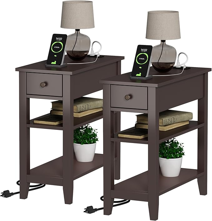 ChooChoo Narrow End Table Set of 2,Side Table Living Room with USB Ports & Power Outlets and Hidden Drawer, 3-Tier Skinny Nightstand with 2 Open Storage Shelves for Small Place(Espresso)