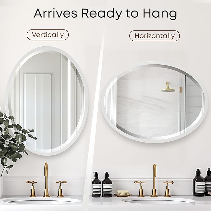 OVALCREST - Oval Wooden Beveled Wall Mirror for Home Decor, Bathroom, Vanity, Bedroom, Living Room, Hallway - London Style (Linen White) 21.1 x 25.1