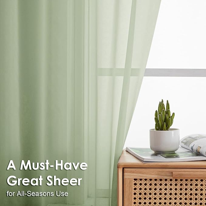OVZME Light Green Sheer Curtains 63 Inches Long 2 Panels - Image 2