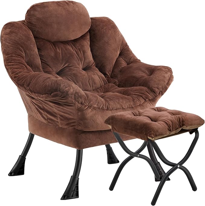 Lazy Chair with Folding Ottoman,Leisure Sofa Chair,Soft Fabric Armchair with Armrests and Side Pockets, Reading Chair with Footrest for Living Room, Bedroom, Office (Plush Dark Brown)