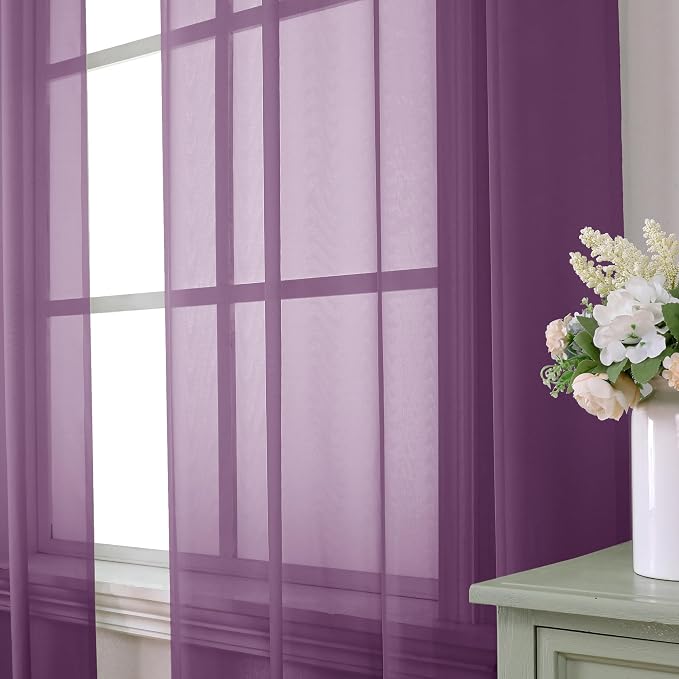 Aiyufeng Plum Purple Sheer Curtains 90 Inches Long 2 Panels, Solid Voile Top - Image 5