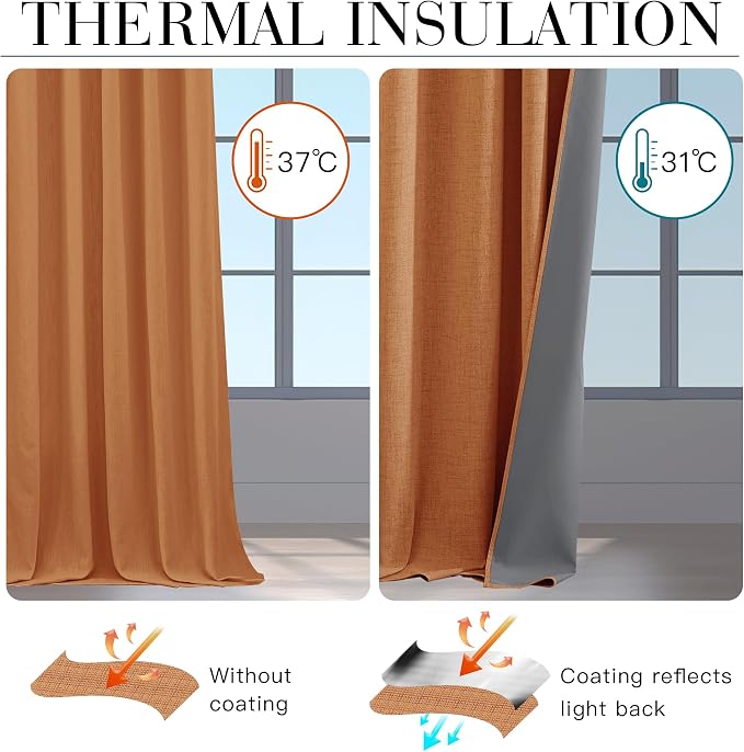RYB HOME Burnt Orange Total Blackout Curtains Linen Texture, Fall Curtains - Image 6