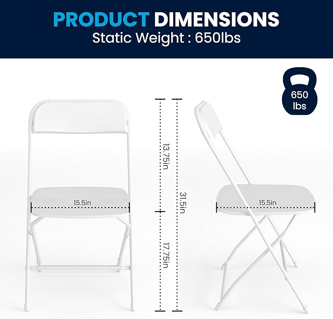 Flash Furniture Hercules Set of 10 Indoor/Outdoor Heavy-Duty Plastic Folding Chairs, Foldable Commercial Stacking Chairs with 650-lb. Static Weight Capacity, White