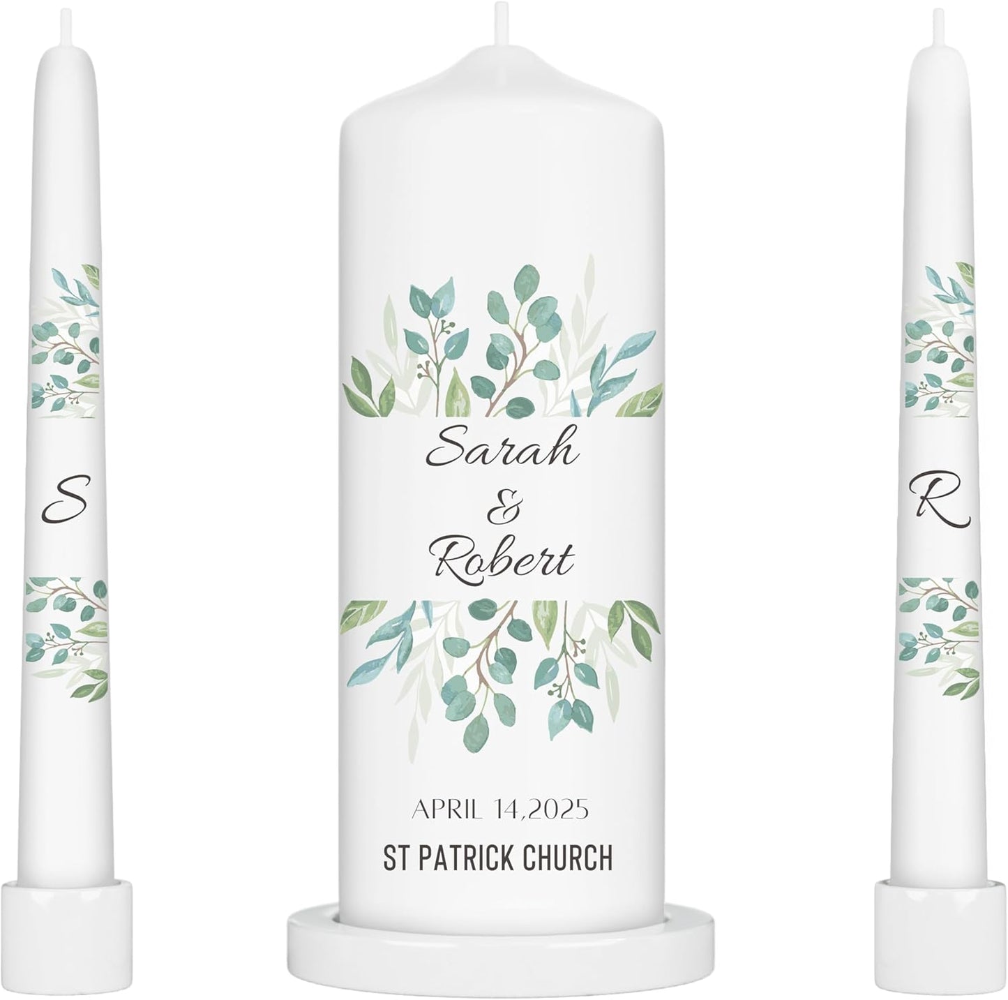 Unity Candles for Wedding, Modern Unity Set, Custom and Personalized Pillar and Taper Candles, Unscented White Premium Wax, Religious and Wedding Ceremony, Special Events (Olive)