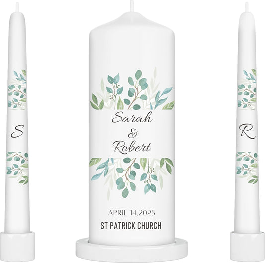 Unity Candles for Wedding, Modern Unity Set, Custom and Personalized Pillar and Taper Candles, Unscented White Premium Wax, Religious and Wedding Ceremony, Special Events (Olive)