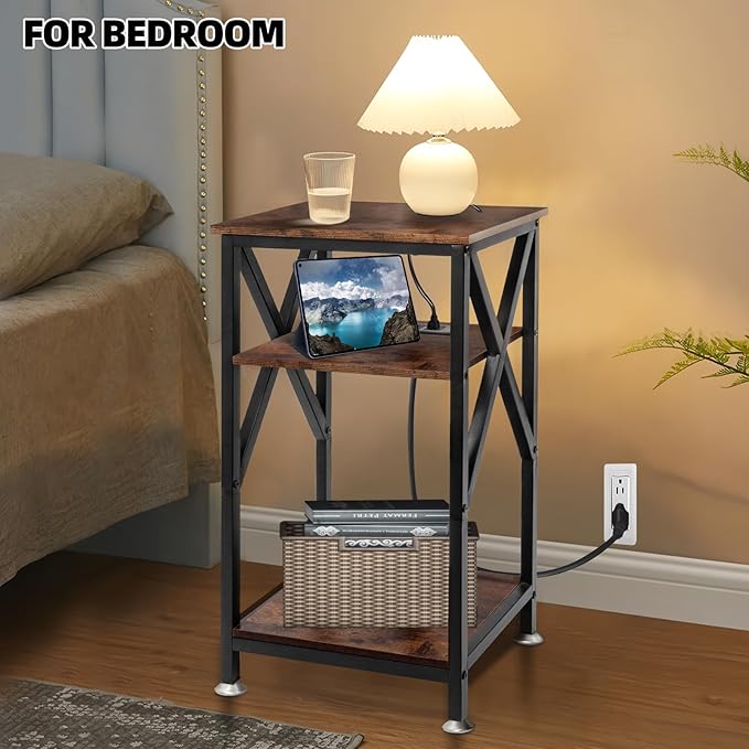 TooCust 3 Tier End Table with Charging Station, 16" W x 12" D x 28" H, Metal and Brown Bedside Table with USB Ports and Outlets, X-Shaped Side Table with Wheels for Living Room, Bedroom, Kitchen