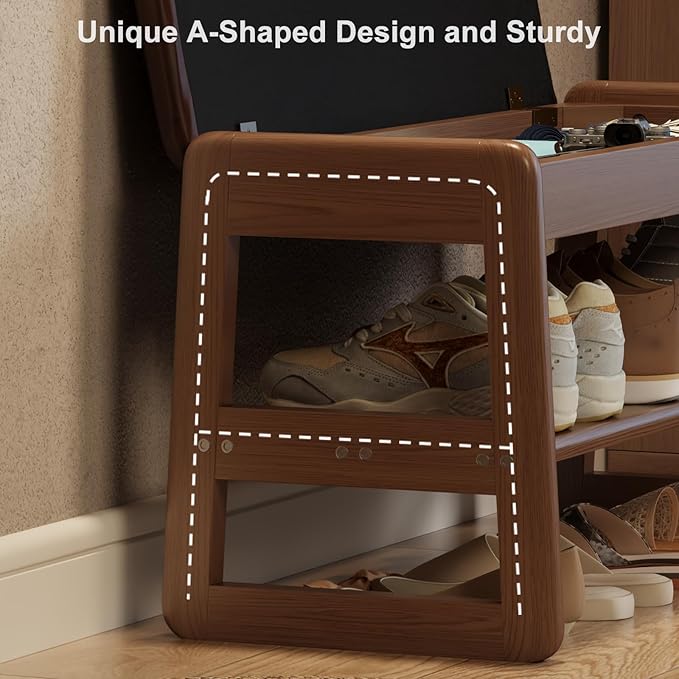 Shoe Rack Bench with Cushion, 2 Tiers Shoe Bench with Flip-Top Storage,Wood Shoe Rack for Entryway,Hallway（Walnut,39.3"）