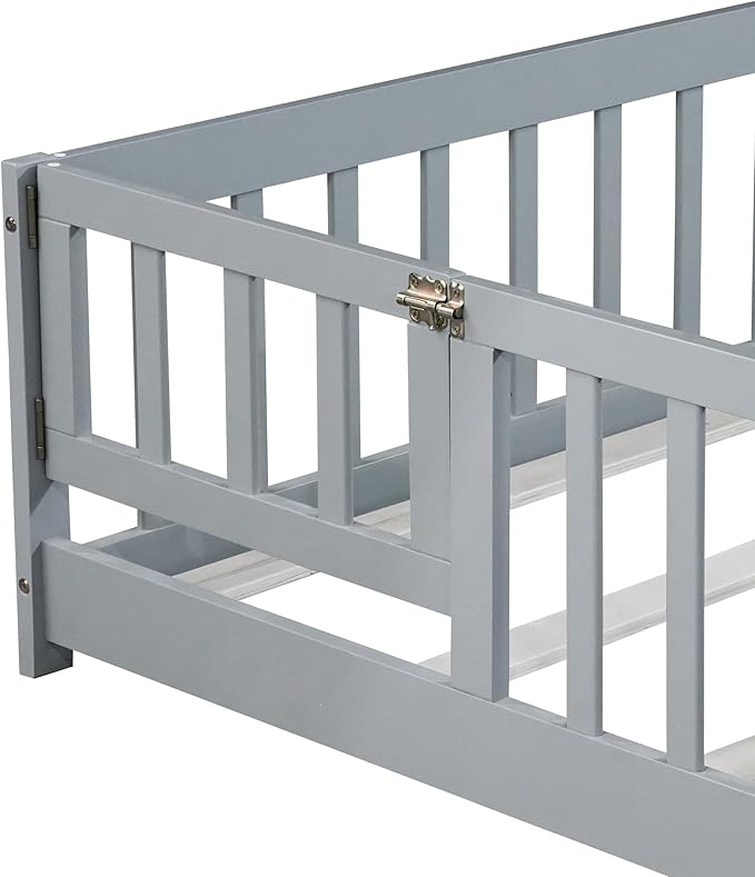 Bellemave Full Floor Bed with Slats and Safety Guardrails, Kids Montessori Floor Beds with Fence and Door, Easy Assemble Floor Bed for Kids, Girls, Boys, Gray