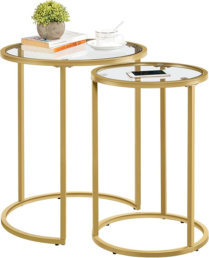 Yaheetech Round Nesting Side Table Stacking Coffee Table, Set of 2 Circular End Tables w/Metal Frame & Tempered Glass Top & Protective Foot Pads for Small Space Living Room Office, Mustard Gold