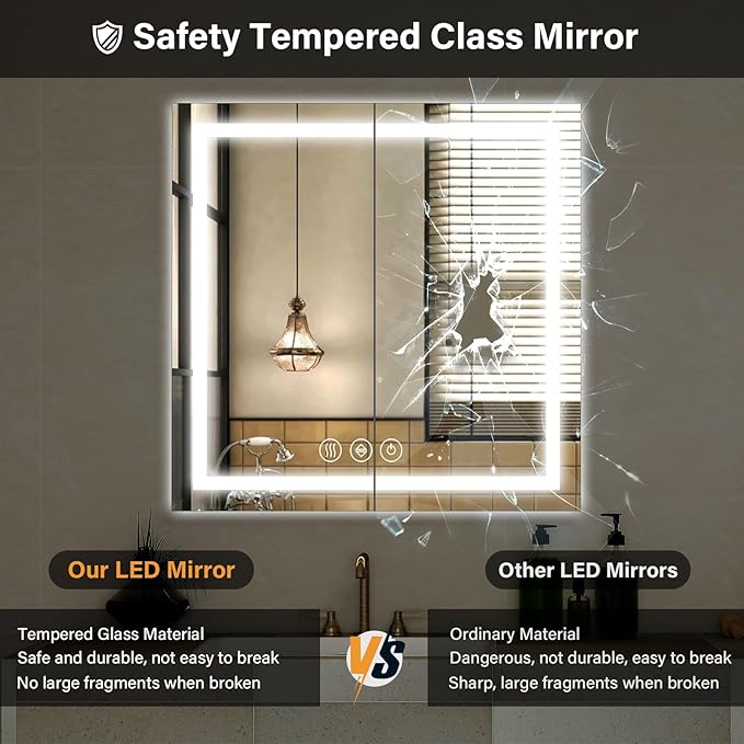 36x36 LED Bathroom Mirror, Backlit + Front Lit, LED Bathroom Mirror with Lights for Wall, 3 Colors, Anti-Fog, Dimmable Brightness, Memory Function, Tempered Glass