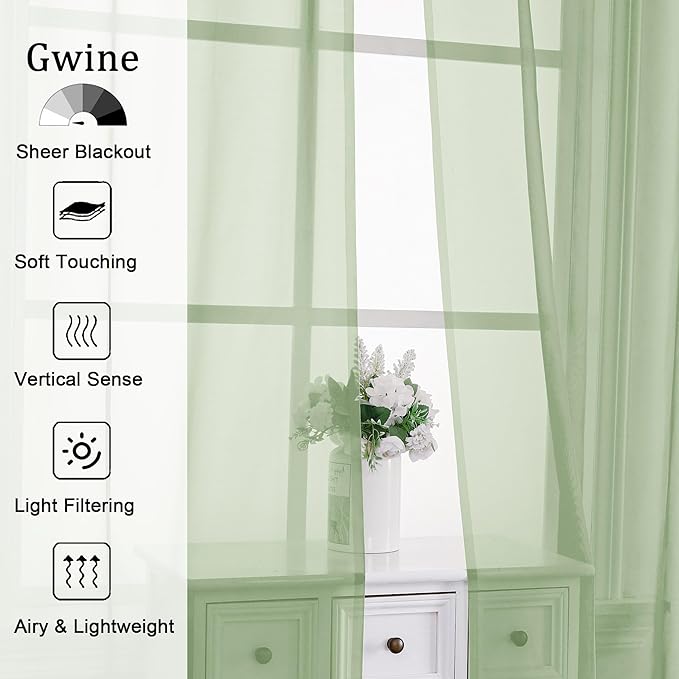 Gwine Light Green Sheer Kitchen Curtains 36 Inch Length, Light Filtering Voile - Image 2