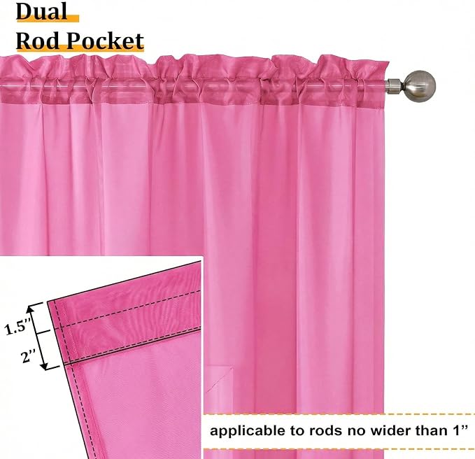 Aiyufeng Hot Pink Sheer Curtains 63 Inch Length 2 Panels Set - Image 3