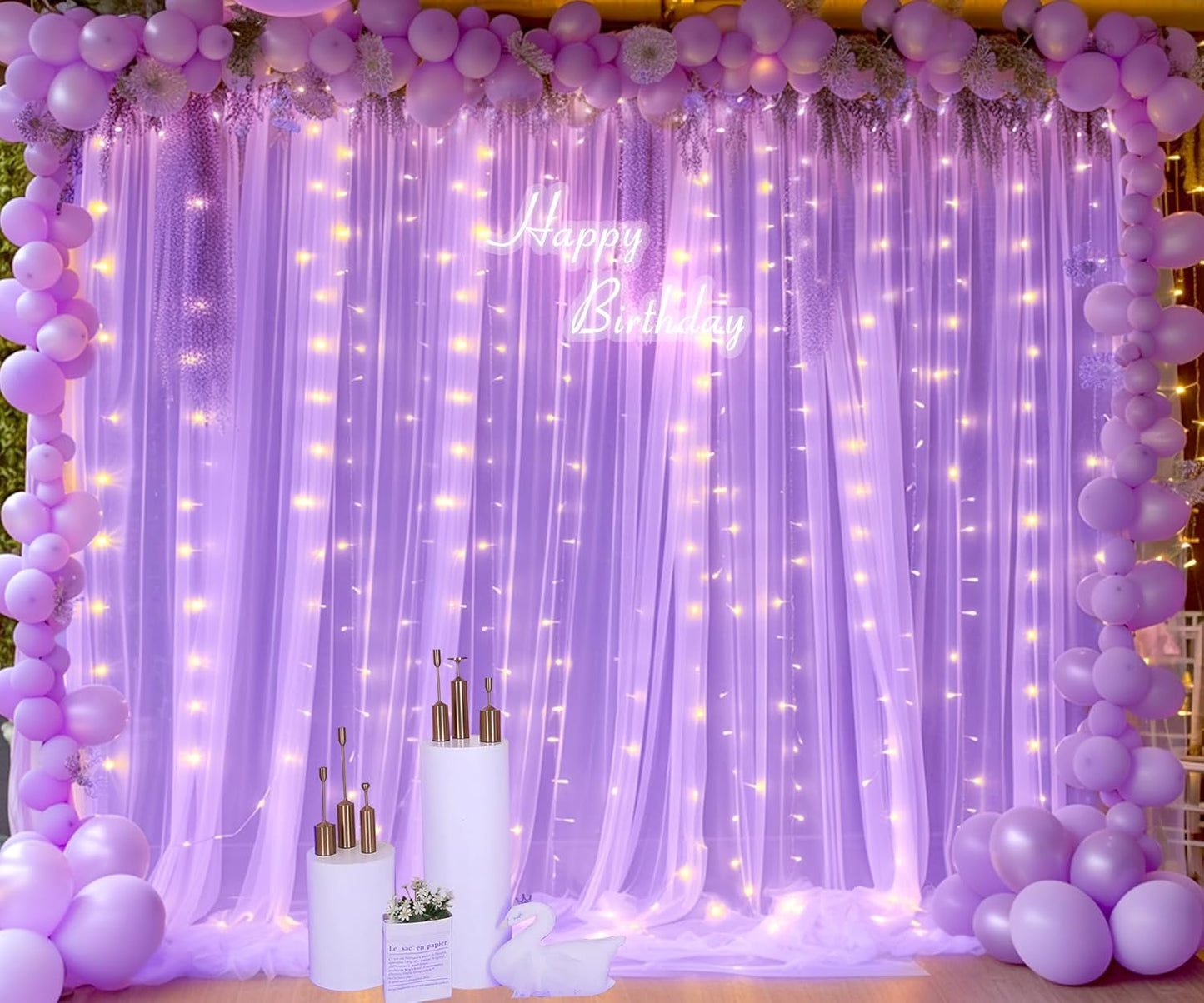 Lavender Tulle Backdrop Curtain with Led Lights for Wedding Baby Shower Girls 10ft X 8ft Lilac Lavender Sheer Backdrop Curtain for Birthday Party Bridal Shower Photoshoot Background Decorations