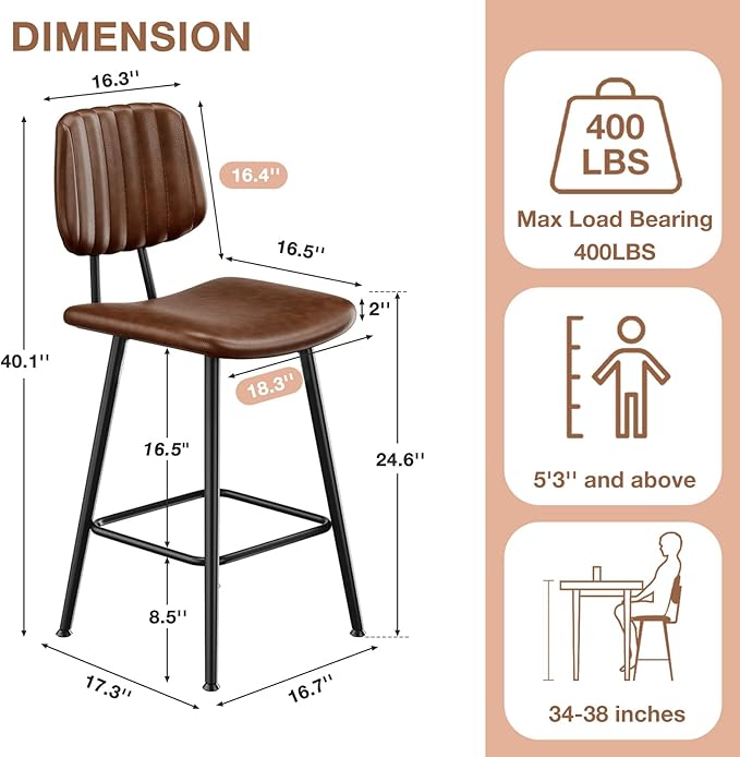 24-Inch Leather Bar Stools Set of 2, Counter Height Barstools with High Backrest，Bar Chairs for Kitchen Island with Heavy Duty Metal Legs, Dark Brown