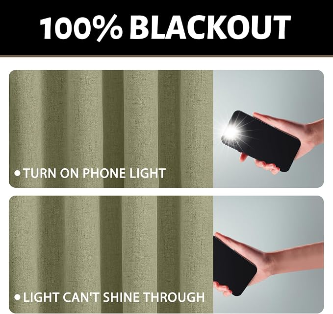 Yakamok Sage Green Linen Curtains 100% Blackout 90 Inches Long, Room Darkening - Image 2