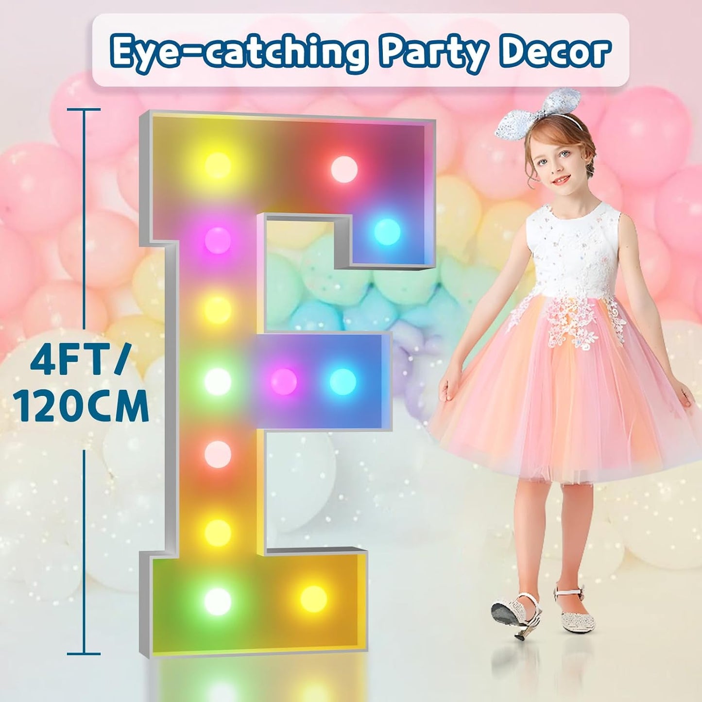 imprsv 4FT Colorful Marquee Light Up Letters F, 18 Colors Light Up Letters Alphabet Sign with Remote, One Letters First Birthday, Large Letters for Birthday Engagement Anniversary Wedding Party Decor