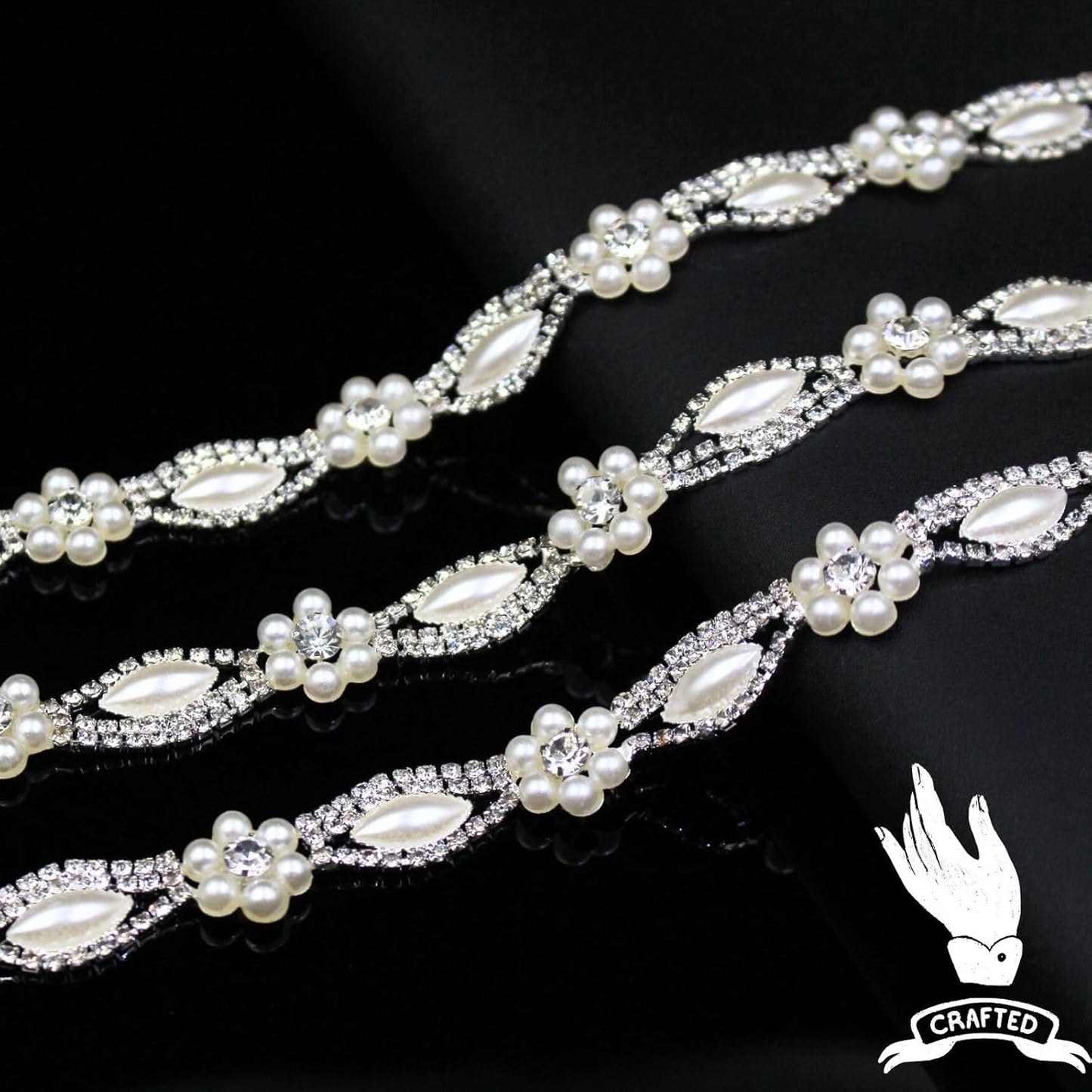 1 Yard Pearl Rhinestone Trim Chain Silver String Crystal Applique Fringe Ribbon Strips Beads Sewing Dress DIY Party Wedding Bouquet for Decoration Bridal Costume Embellishment