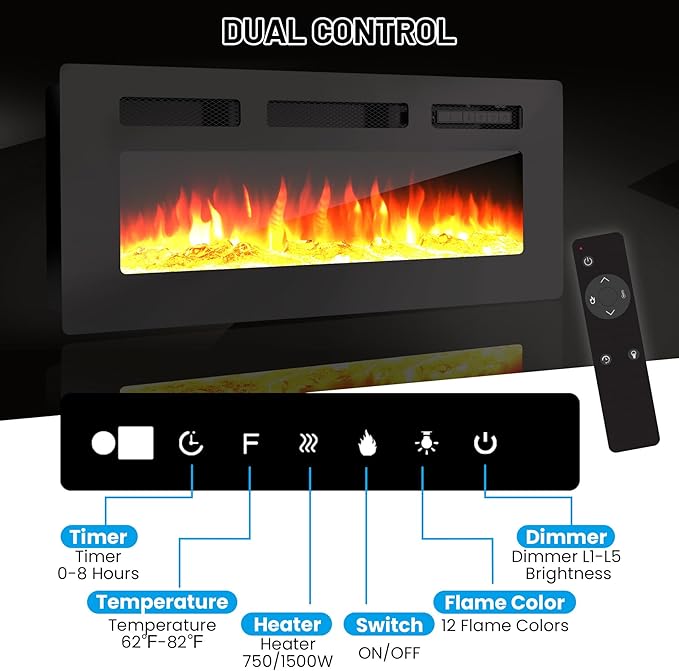 70'' Fireplace TV Stand, Entertainment Center with 36'' Firplace, 2 Tier TV Console Cabinet with Storage Cabinet, Electric Fireplace Heater with LED Light and 12 Flame Colors, Black